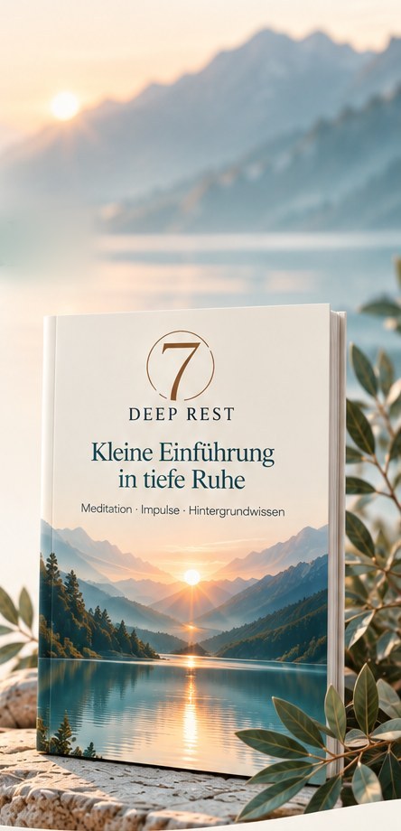 Das E-Book „Kleine Einführung in tiefe Ruhe“ auf einem Stein vor einem Bergsee.