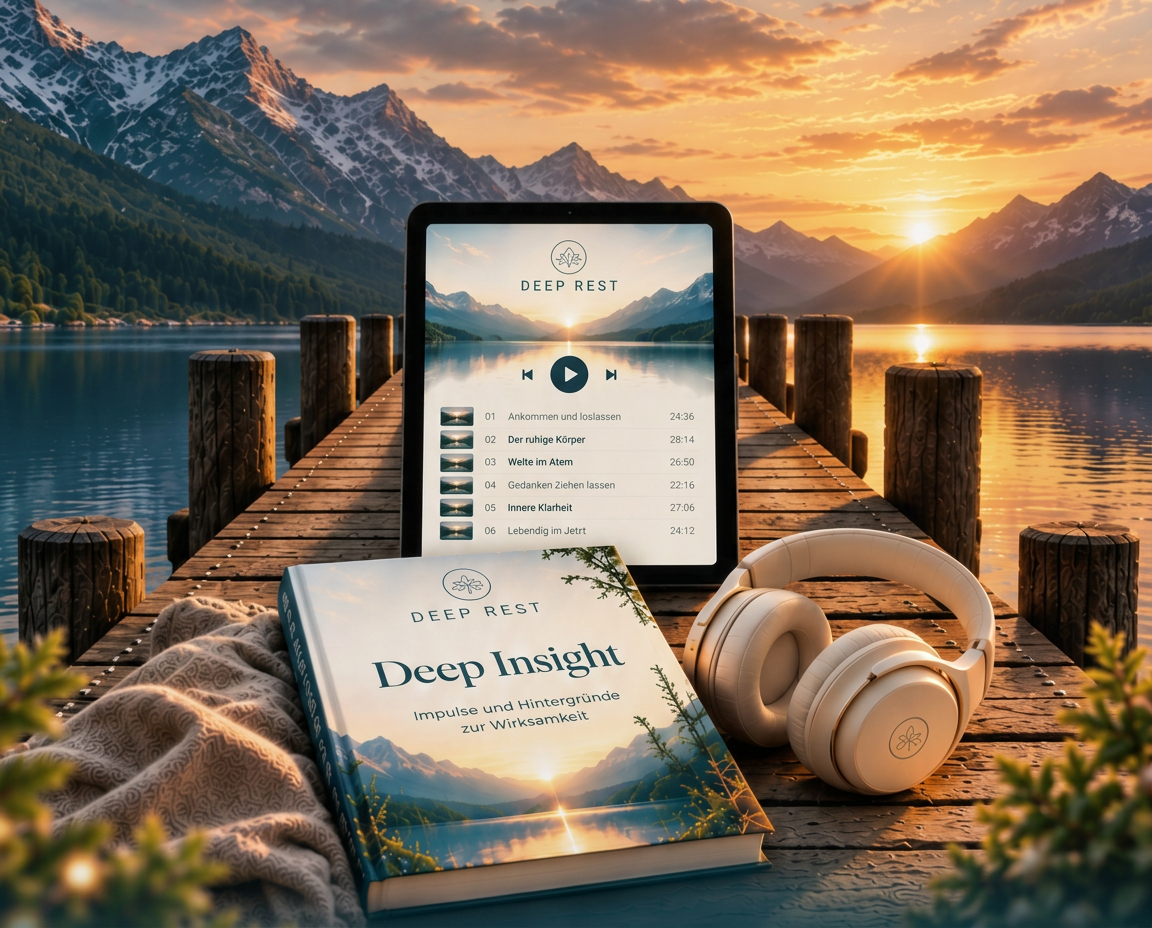 Tablet mit dem Deep Rest Programm, Buch und Kopfhörer auf einem Holzsteg bei Sonnenuntergang